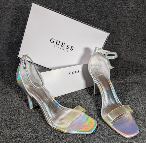 Guess Shoes - GUESS Womens 9.5 Silver Square Toe Stiletto Heeled Sandal Ankle Strap